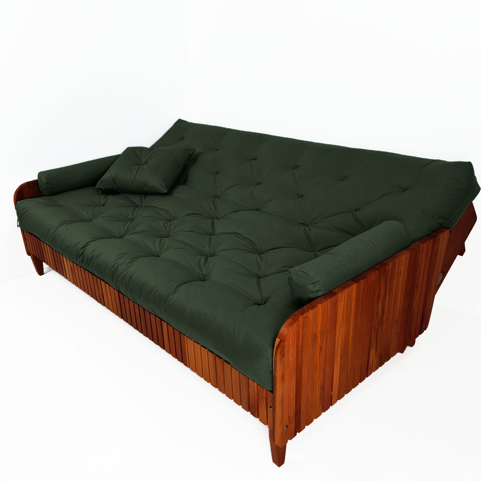 Sofá Cama Paris II Ripado Sarja em Madeira Maciça Imbuia - Verde Militar
