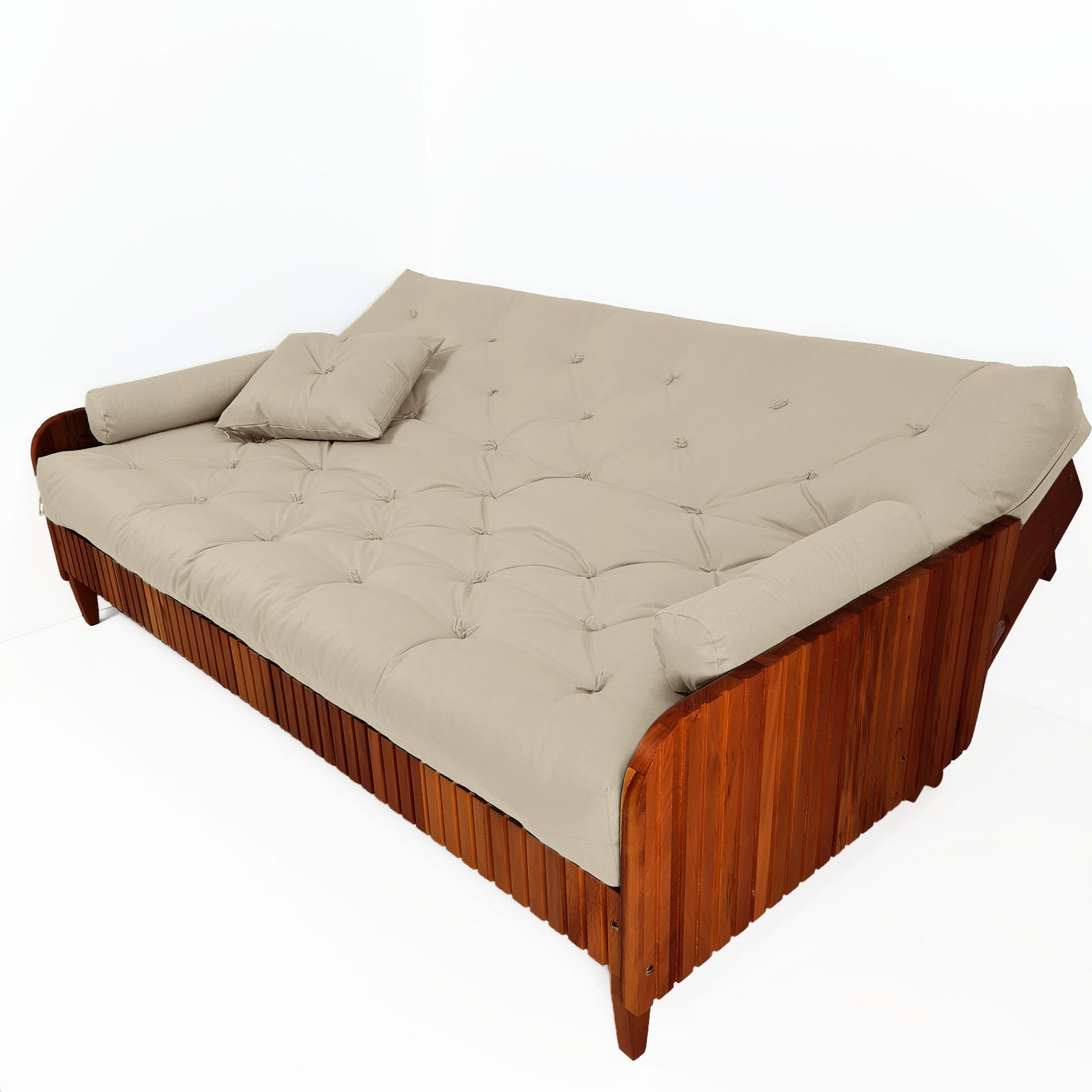 Sofá Cama Paris II Ripado Sarja em Madeira Maciça Imbuia - Bege Claro