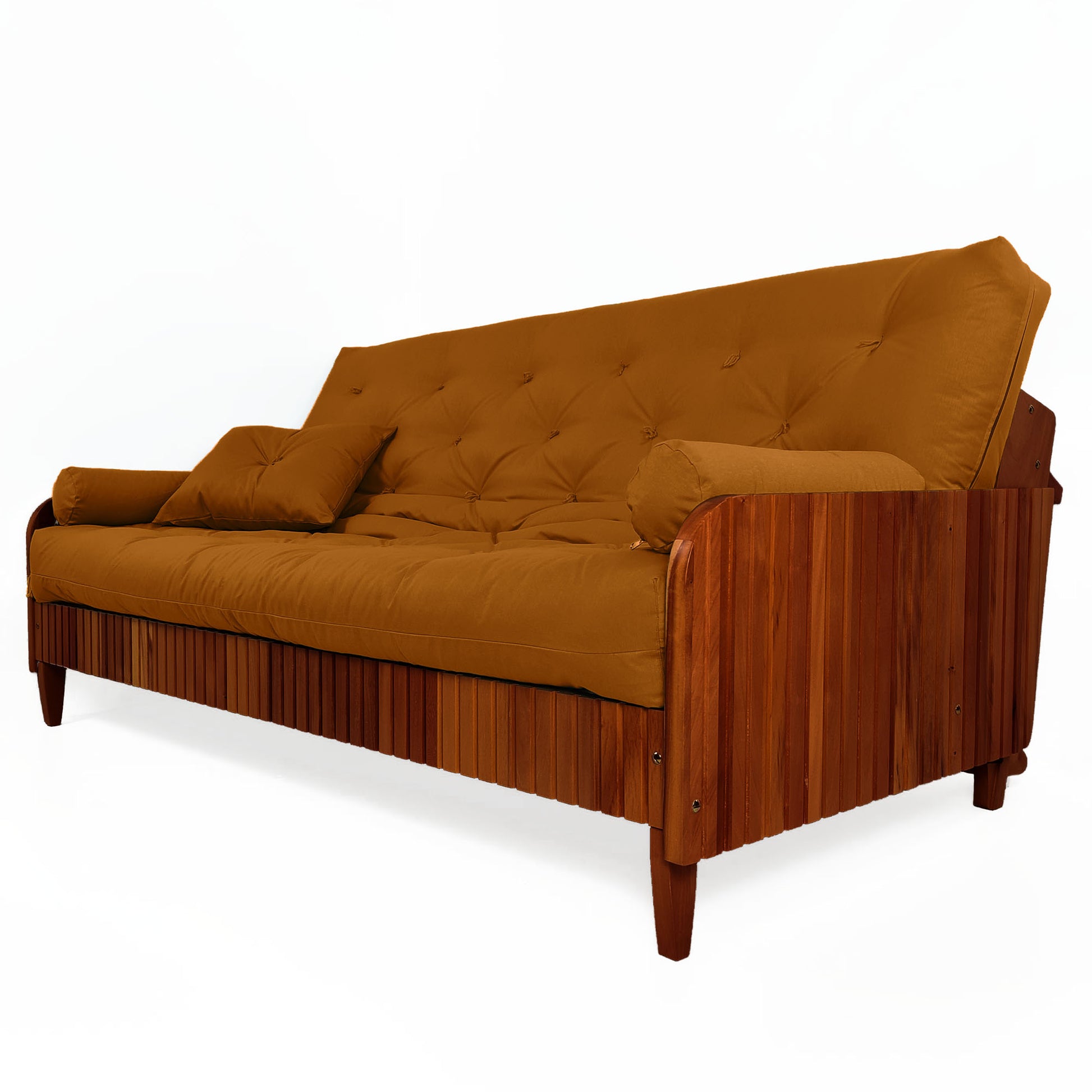 Sofá Cama Paris II Ripado Sarja em Madeira Maciça Imbuia - Caramelo