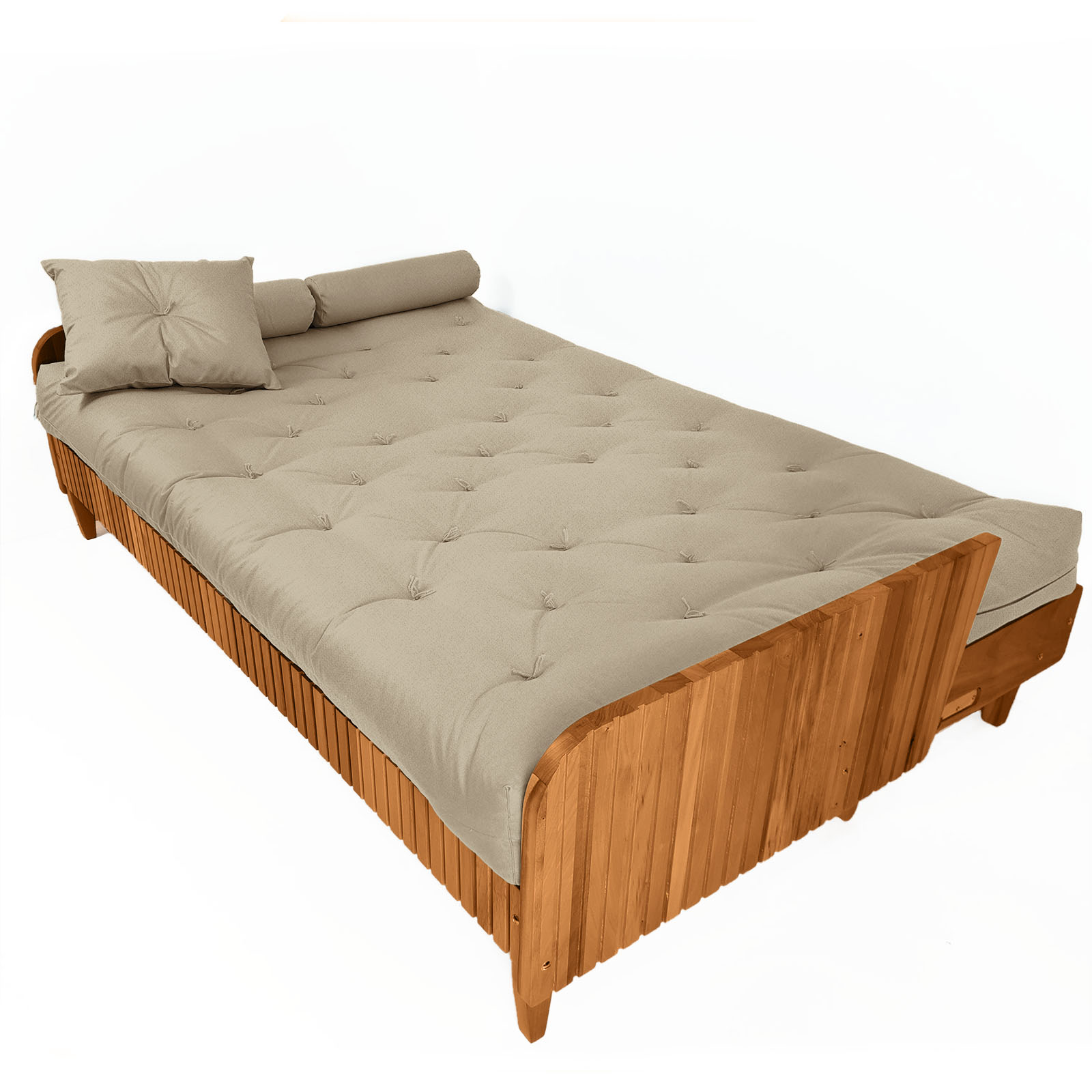 Sofá Cama Paris II Ripado Sarja em Madeira Maciça Natural - Bege Claro