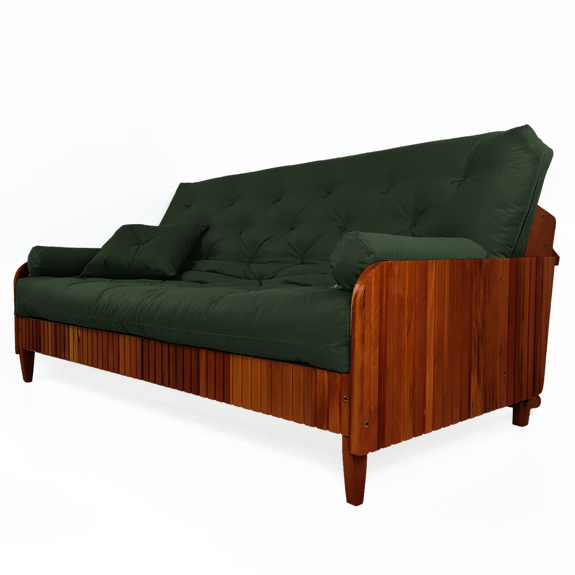 Sofá Cama Paris II Ripado Sarja em Madeira Maciça Imbuia - Verde Militar
