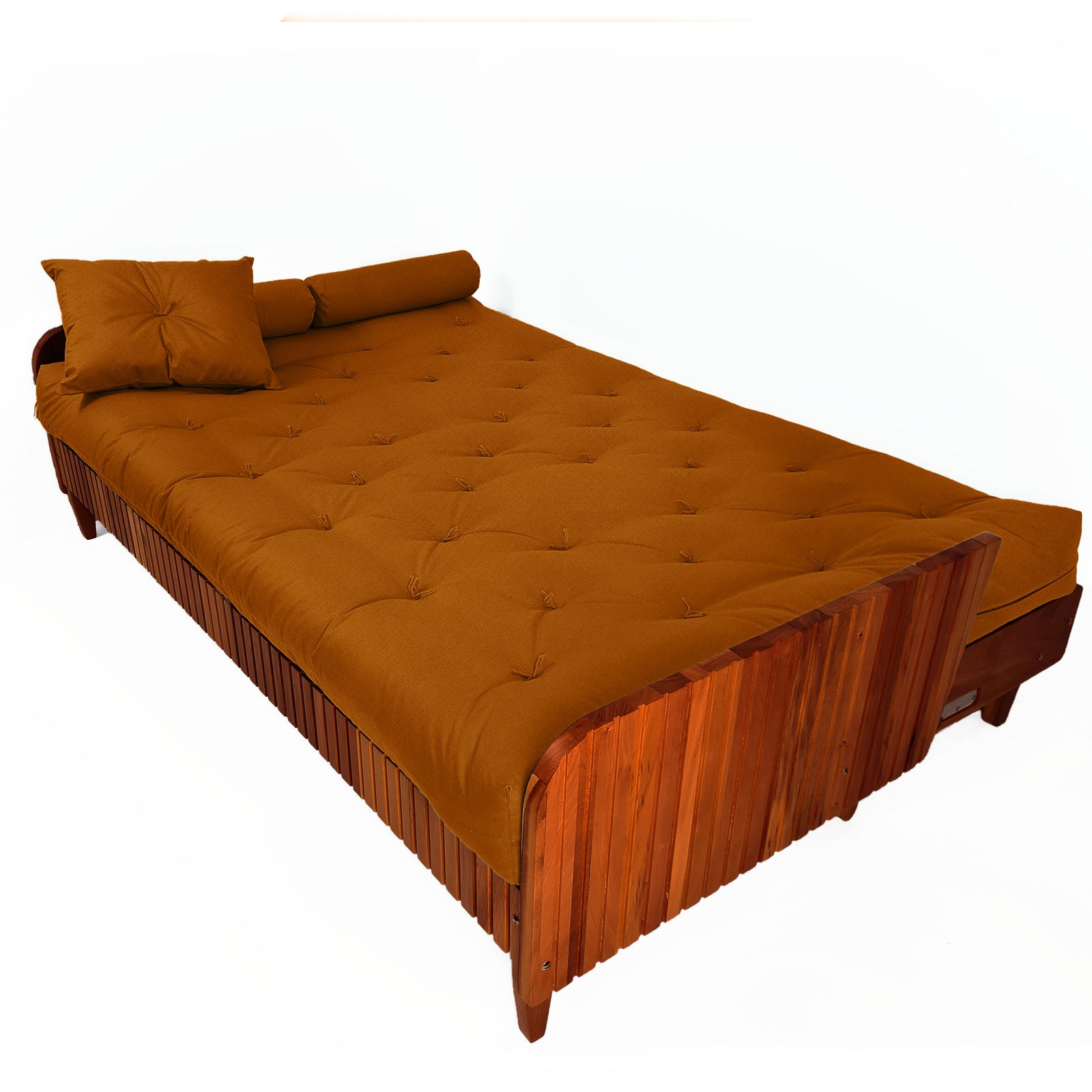Sofá Cama Paris II Ripado Sarja em Madeira Maciça Imbuia - Caramelo
