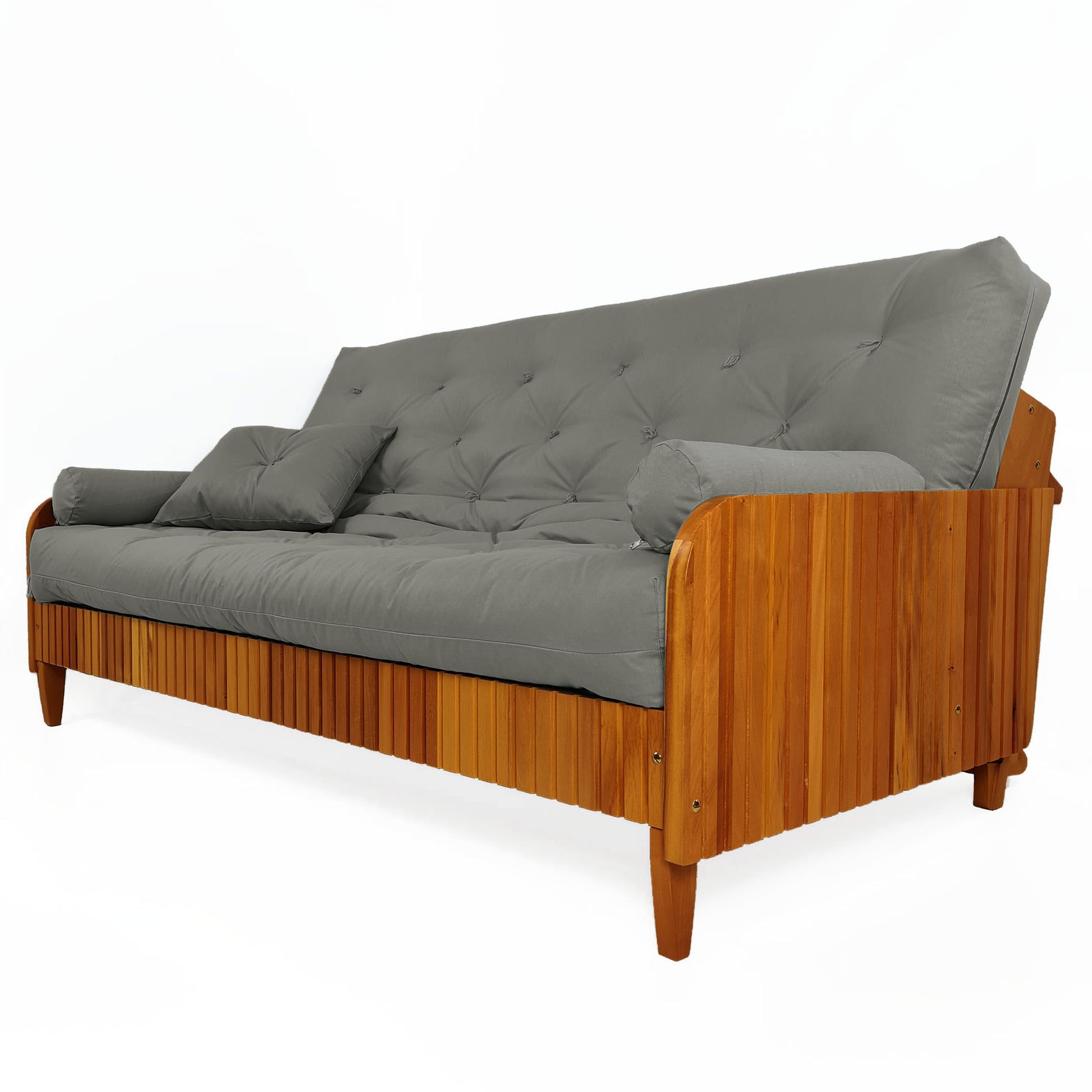 Sofá Cama Paris II Ripado Sarja em Madeira Maciça Natural - Cinza