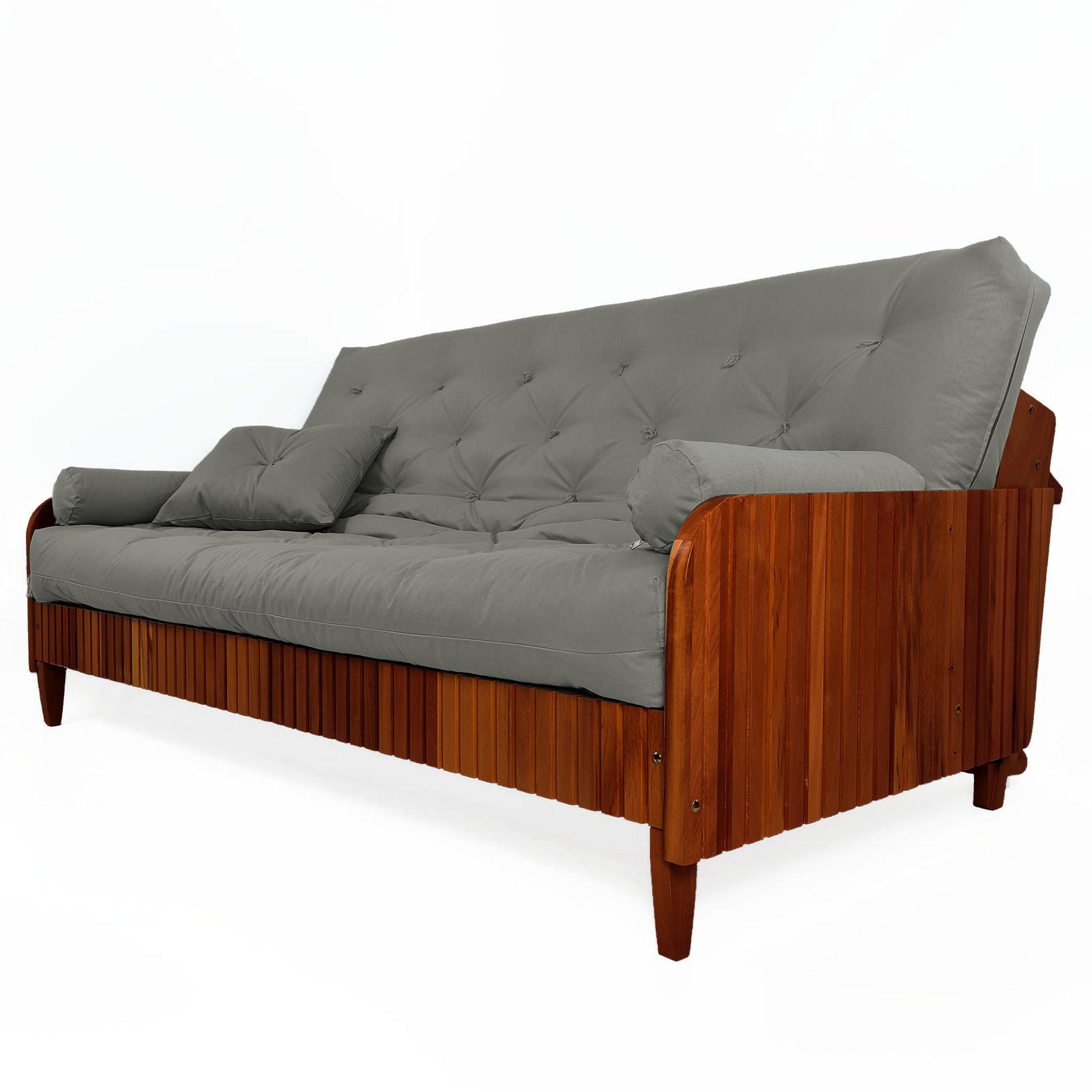 Sofá Cama Paris II Ripado Sarja em Madeira Maciça Imbuia - Cinza