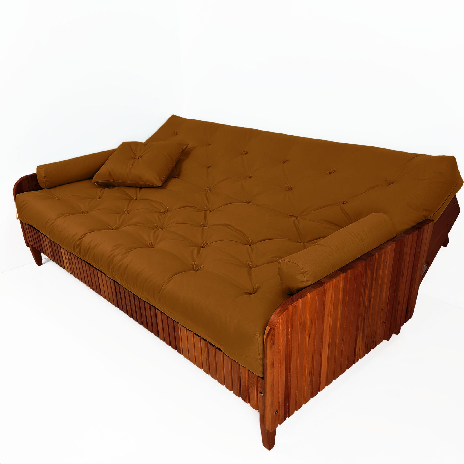 Sofá Cama Paris II Ripado Sarja em Madeira Maciça Imbuia - Caramelo