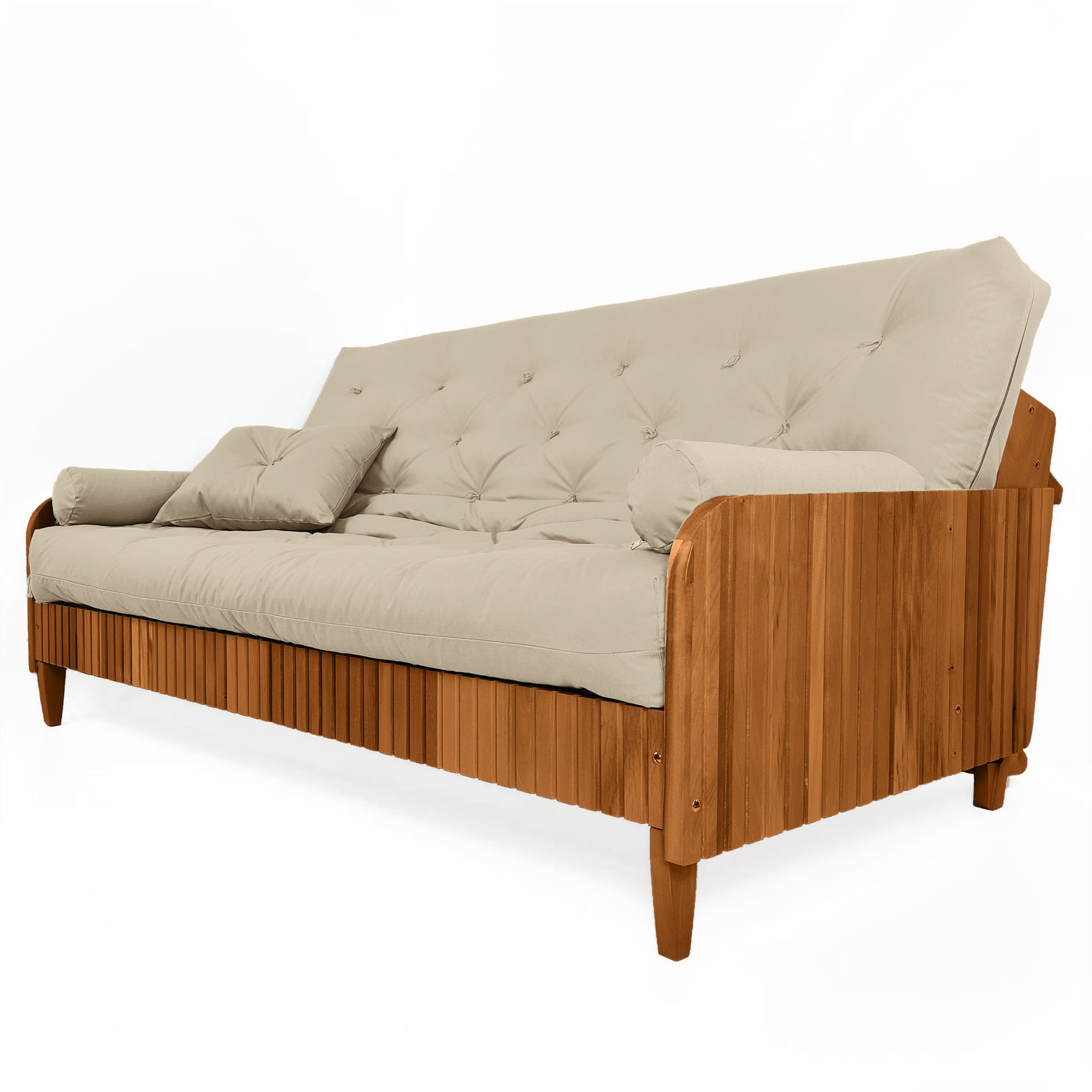 Sofá Cama Paris II Ripado Sarja em Madeira Maciça Natural - Bege Claro