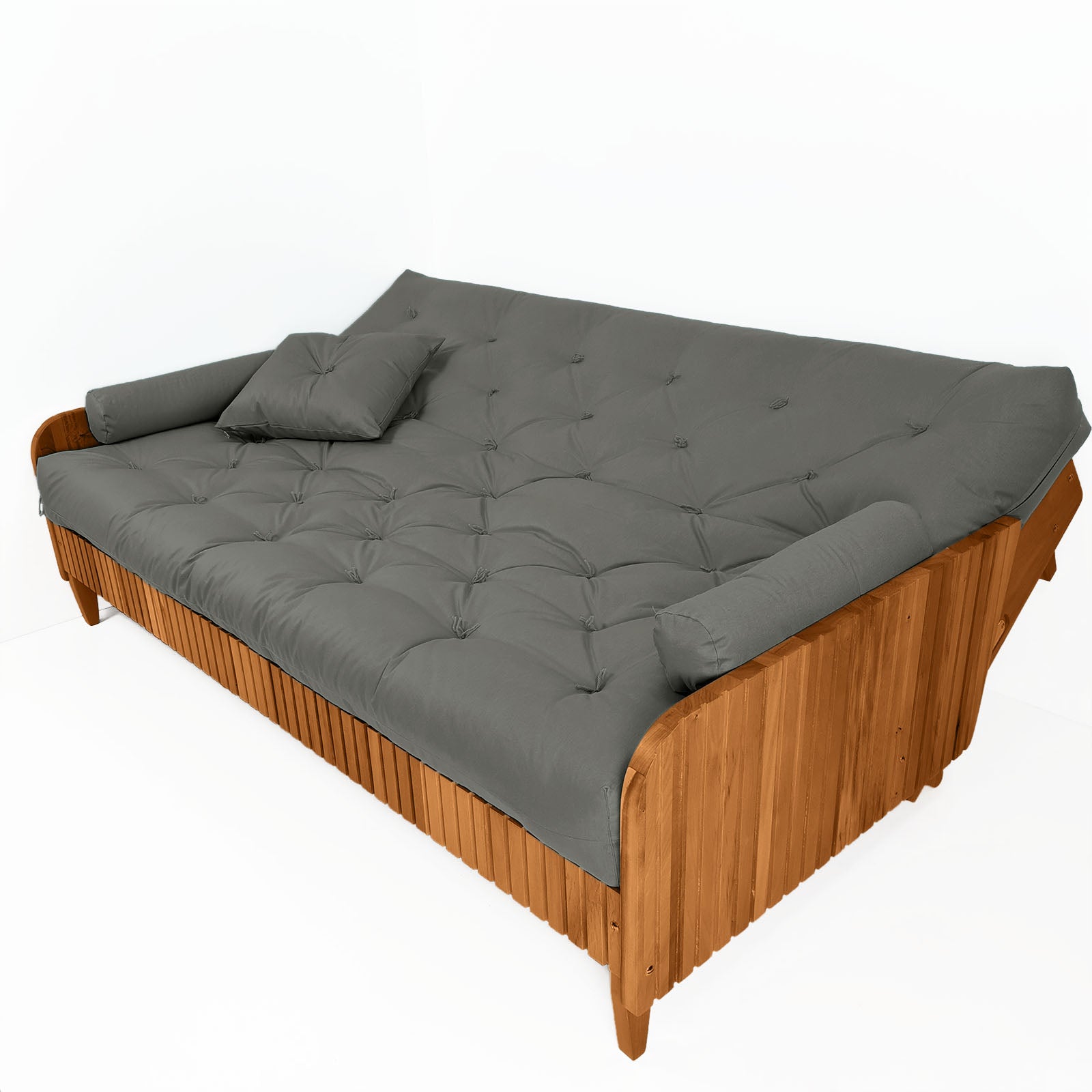 Sofá Cama Paris II Ripado Sarja em Madeira Maciça Natural - Cinza