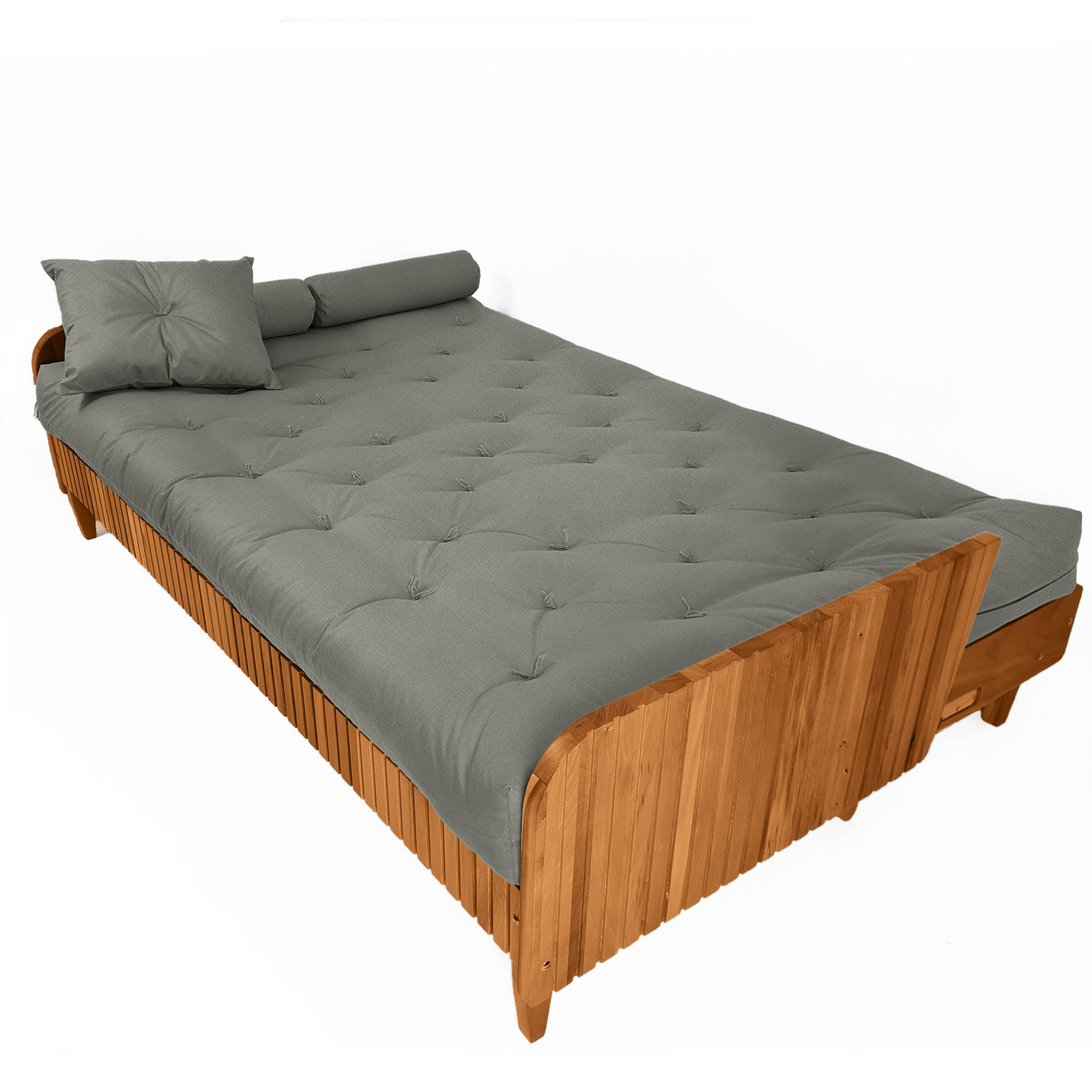 Sofá Cama Paris II Ripado Sarja em Madeira Maciça Natural - Cinza