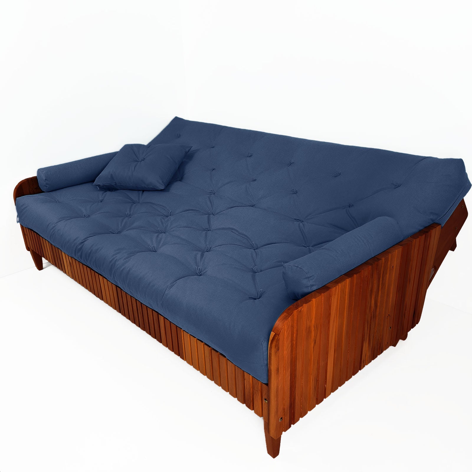 Sofá Cama Paris II Ripado Acquablock Madeira Maciça  Imbuia D33 - Azul Royal