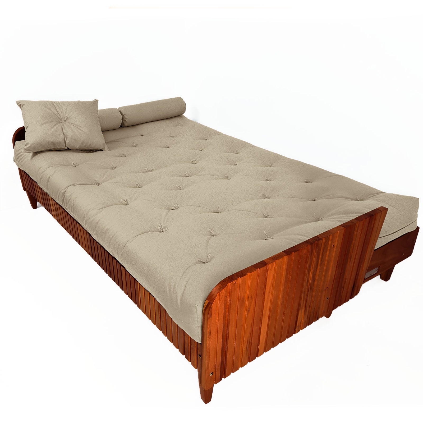 Sofá Cama Paris II Ripado Sarja em Madeira Maciça Imbuia - Bege Claro