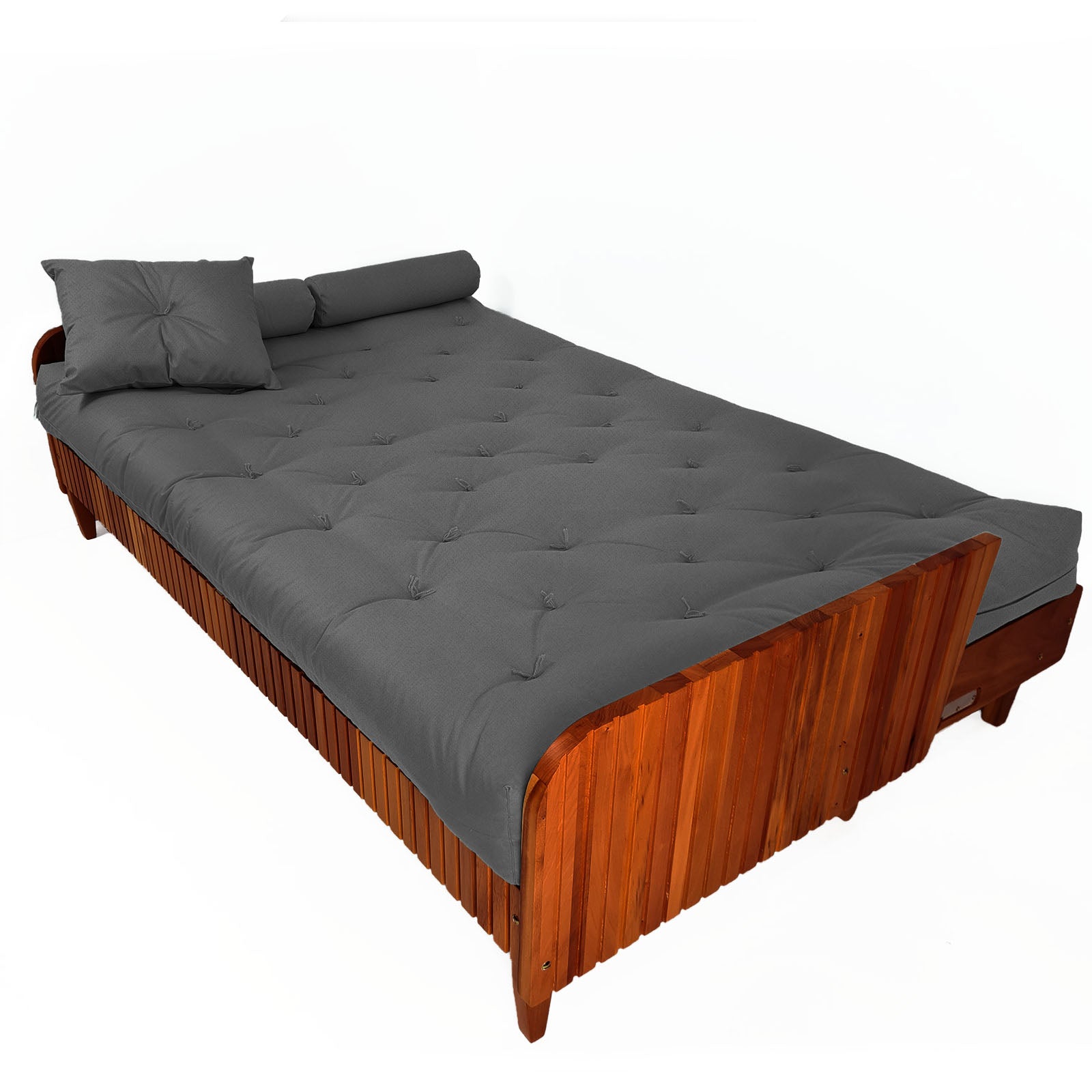 Sofá Cama Paris II Ripado Acquablock Madeira Maciça  Imbuia D33 - Cinza Linho