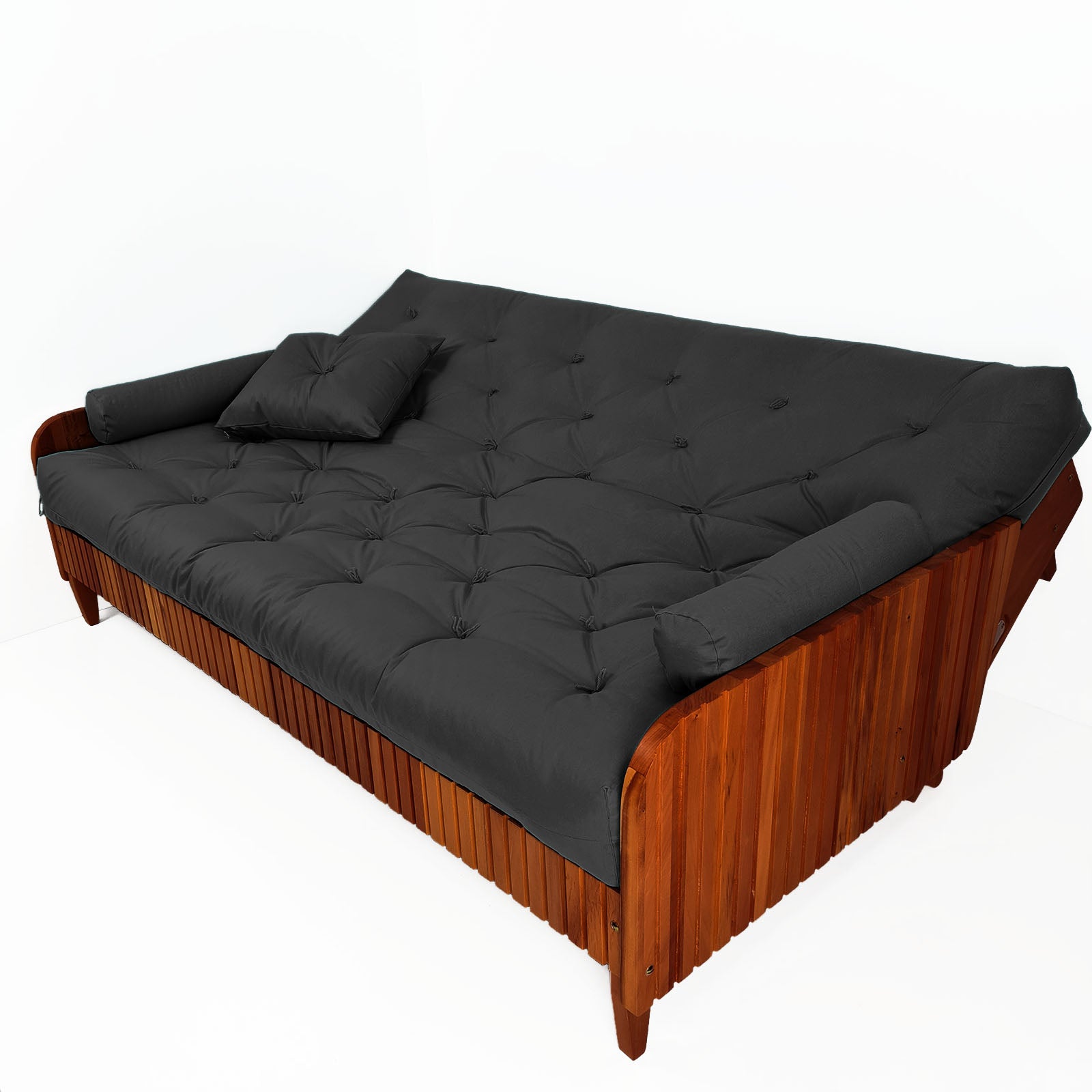 Sofá Cama Paris II Ripado Sarja em Madeira Maciça Imbuia - Preto
