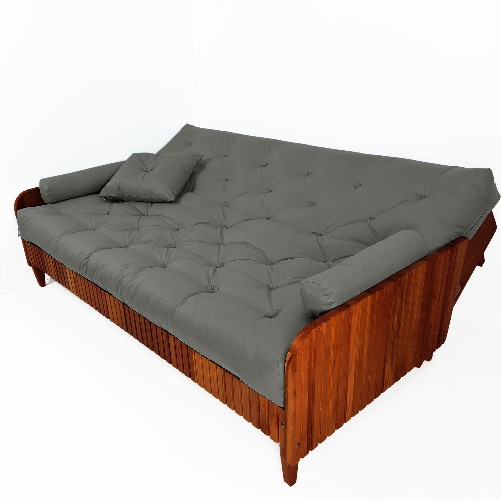 Sofá Cama Paris II Ripado Sarja em Madeira Maciça Imbuia - Cinza