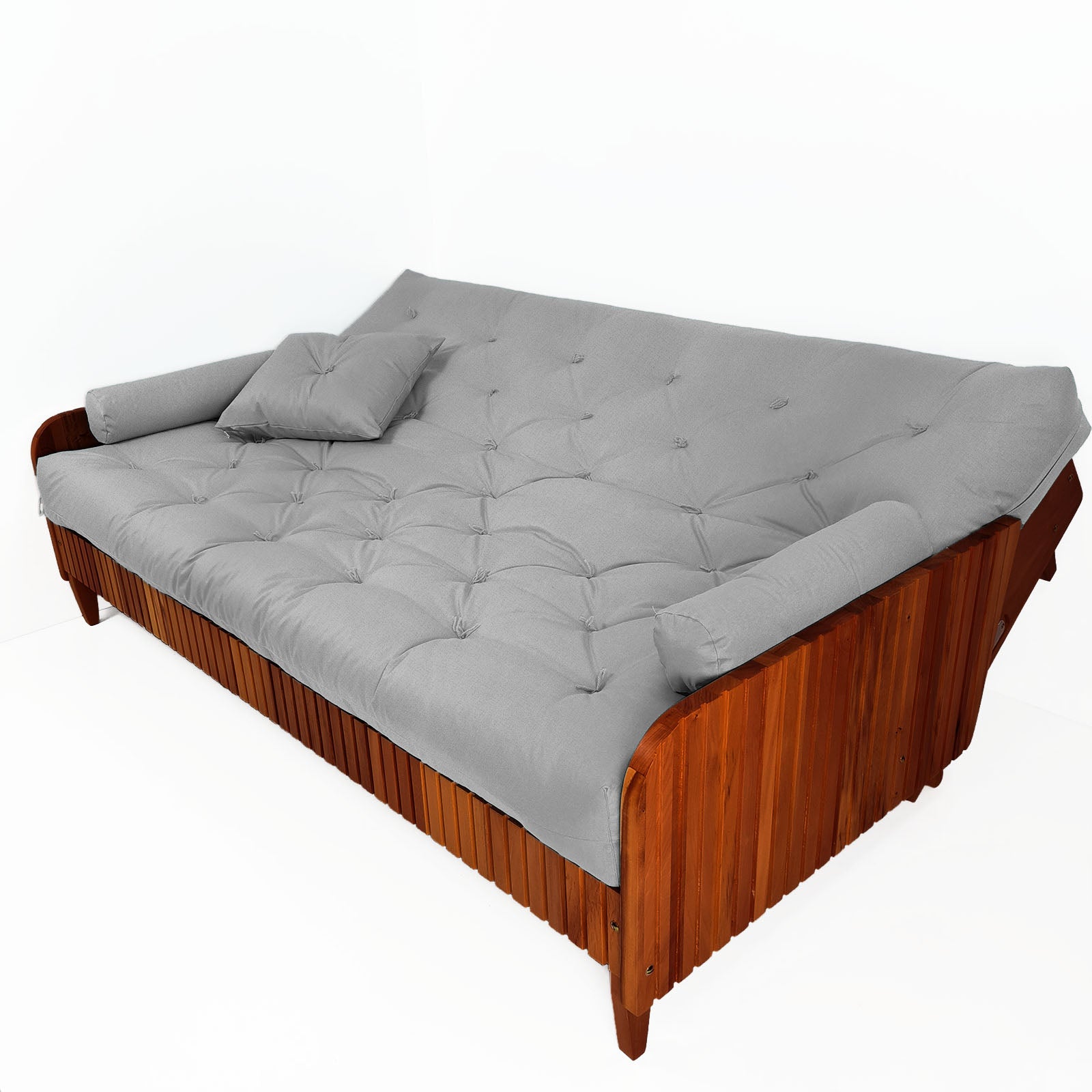 Sofá Cama Paris II Ripado Acquablock Madeira Maciça Imbuia - Cinza Linho