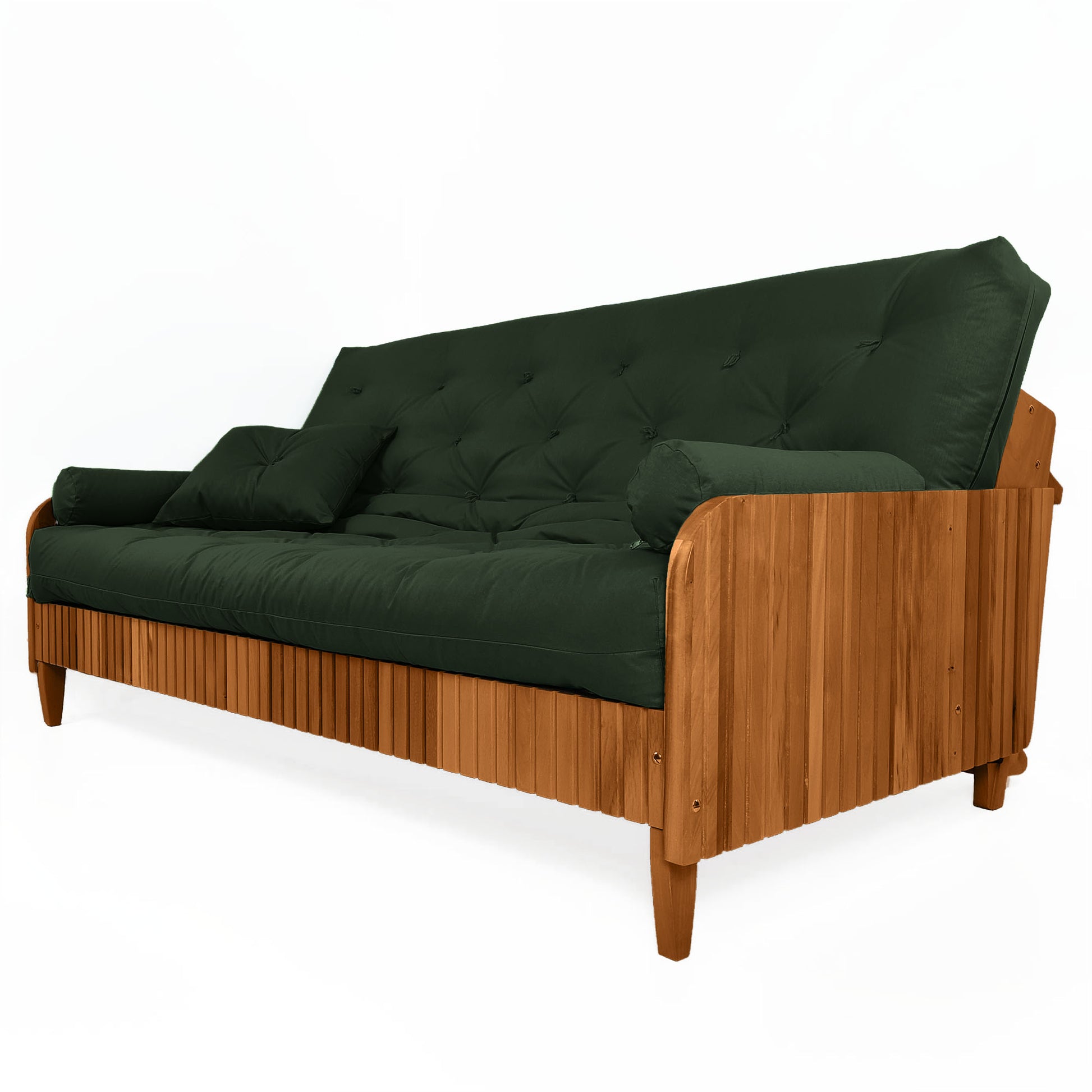 Sofá Cama Paris II Ripado Sarja em Madeira Maciça Natural - Verde Militar