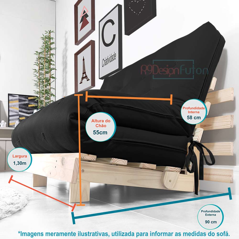 Sofa Cama Futon Casal Tokio Madeira Maciça Sarja Preto