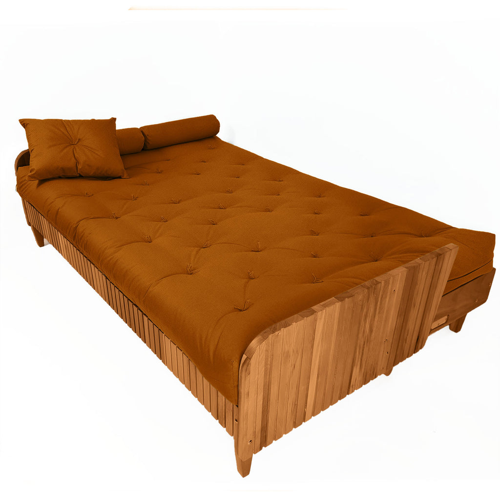 Sofá Cama Paris II Ripado Sarja em Madeira Maciça Natural - Caramelo