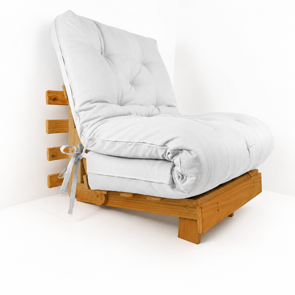 Sofa Cama Solteiro Tokio Futon Dobrável D33 - Madeira cor Mel Acquablock Branco Off