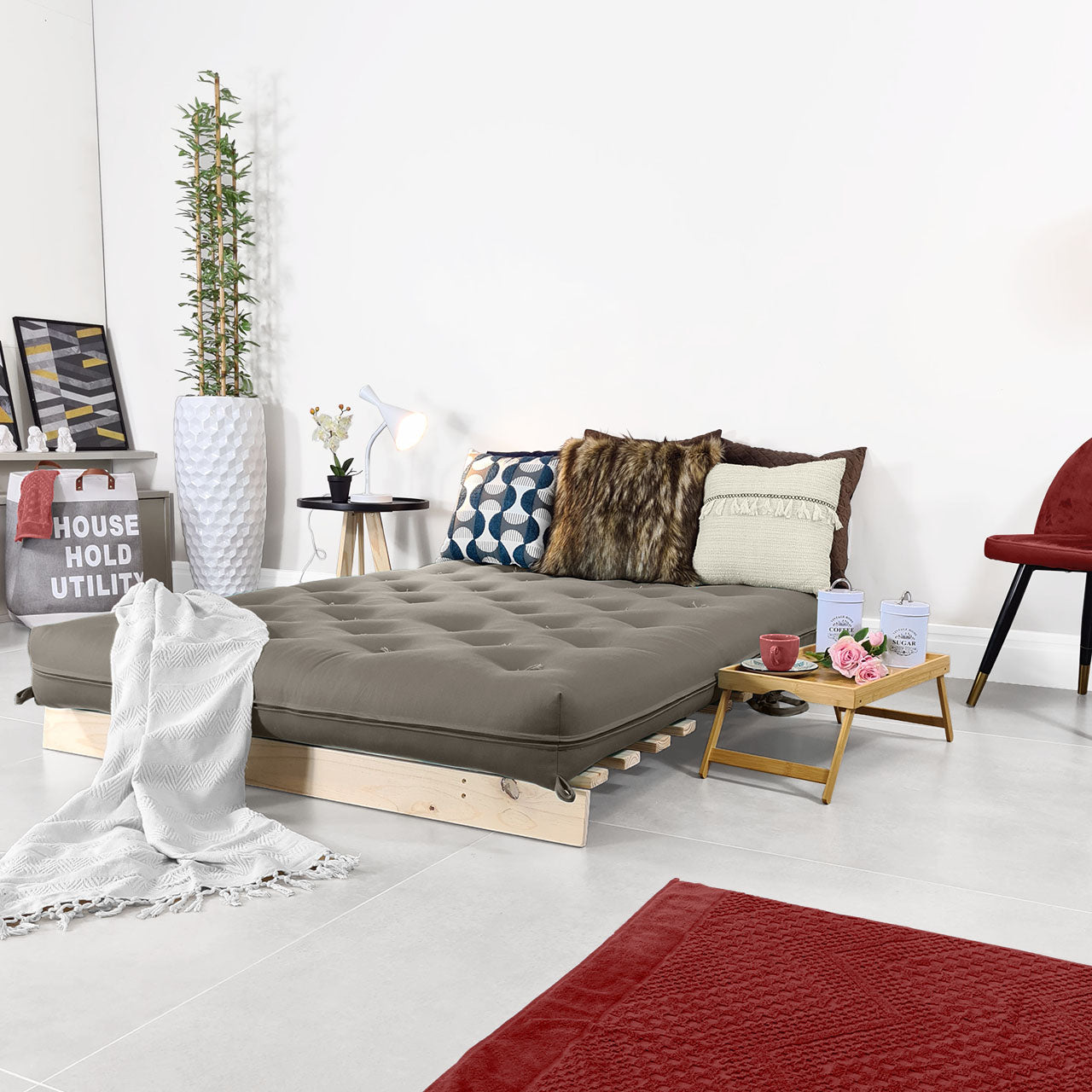 Sofá Cama Casal Futon Tokio D33 Madeira Pinus Natural - Cinza