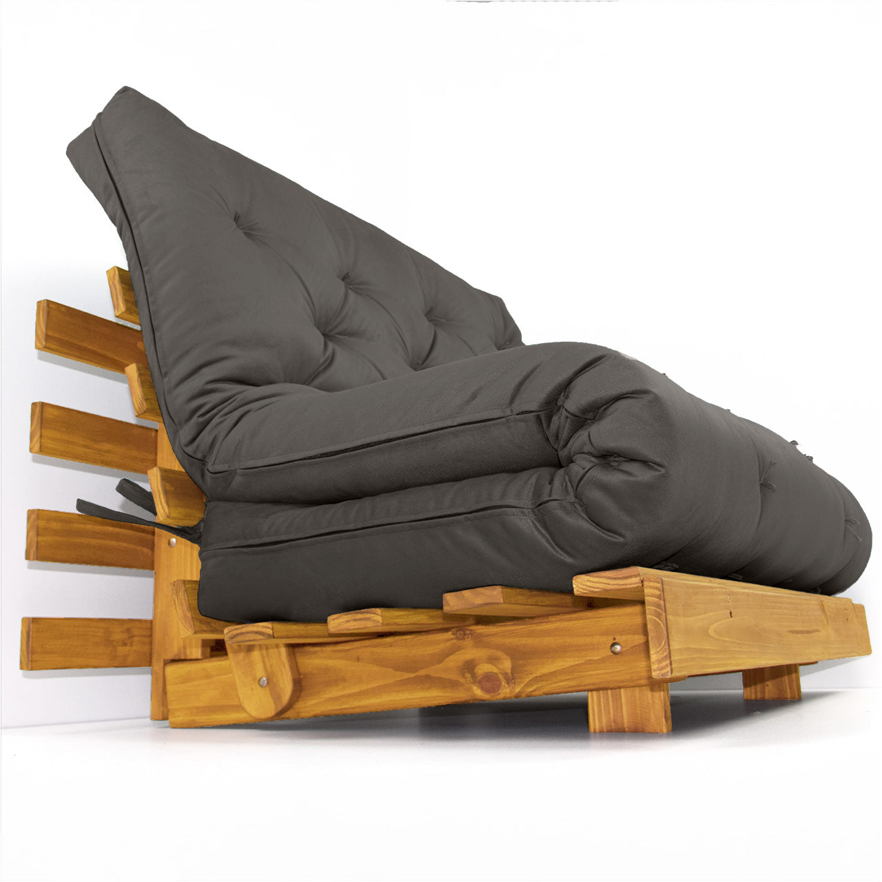 Sofá Cama Casal Futon Tokio Madeira Cor Mel Acquablock Chumbo