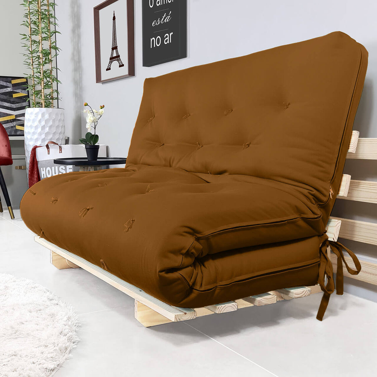 Sofa Cama Casal Futon Oriental  Madeira Maciça Sarja Caramelo