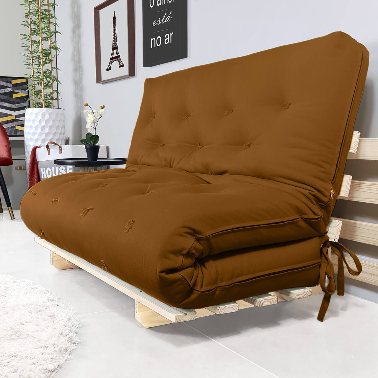 Sofa Cama Casal Futon Oriental  Madeira Maciça Sarja Caramelo