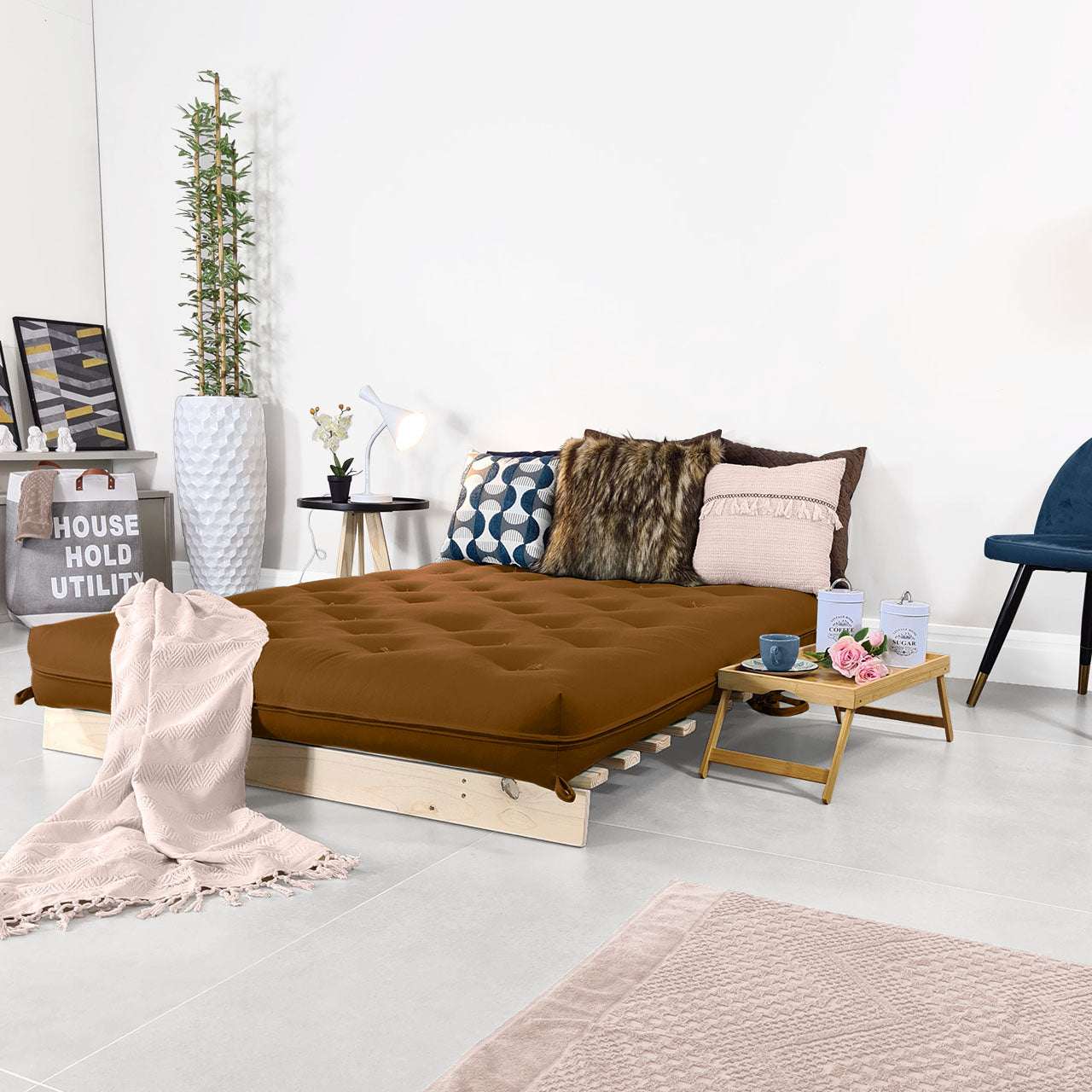 Sofá Cama Casal Futon Tokio D33 Madeira Pinus Natural - Caramelo