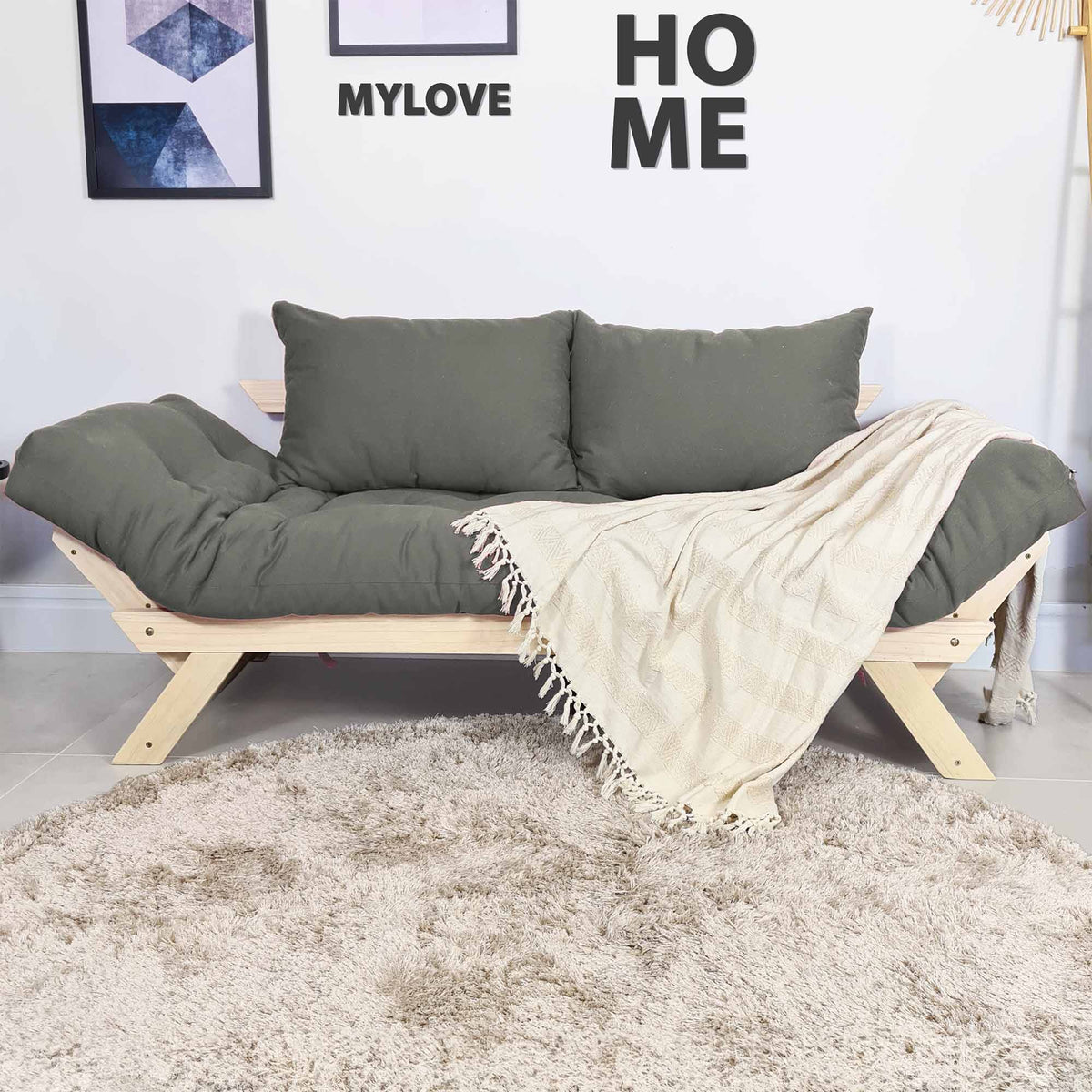 Sofá Cama Reclinável Futon Japão - Madeira Sem Pintura Tecido Sarja Cor Cinza