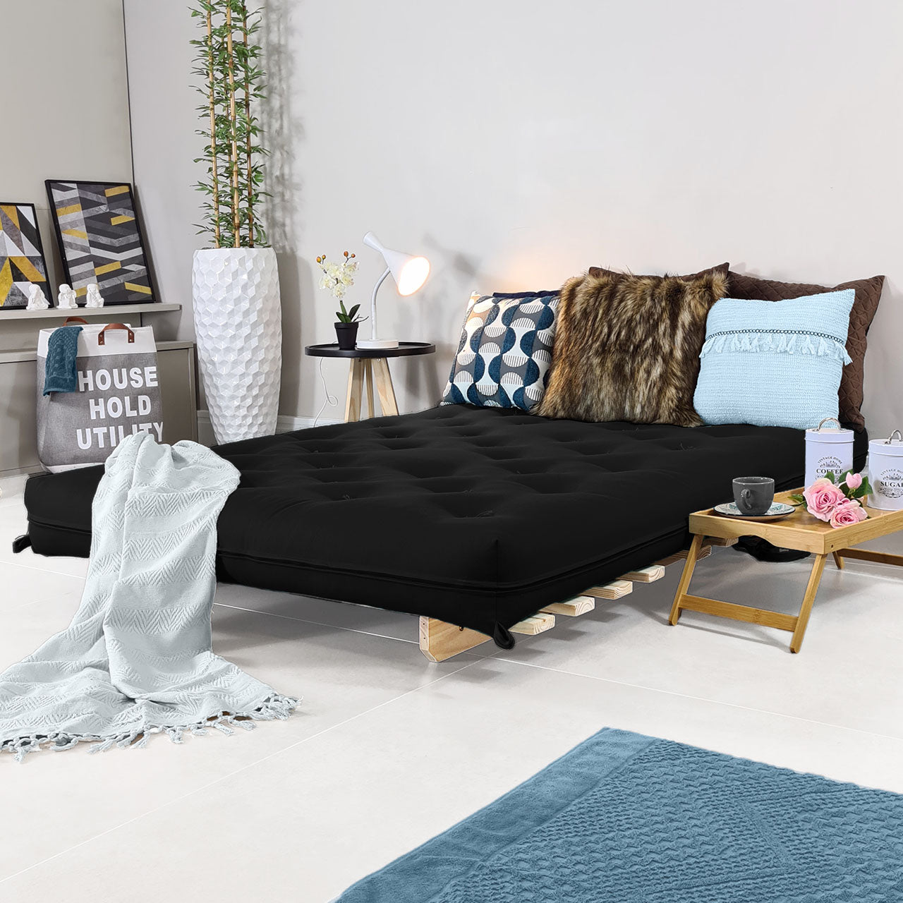Sofa Cama Casal Futon Oriental Madeira Maciça Acquablock Preto