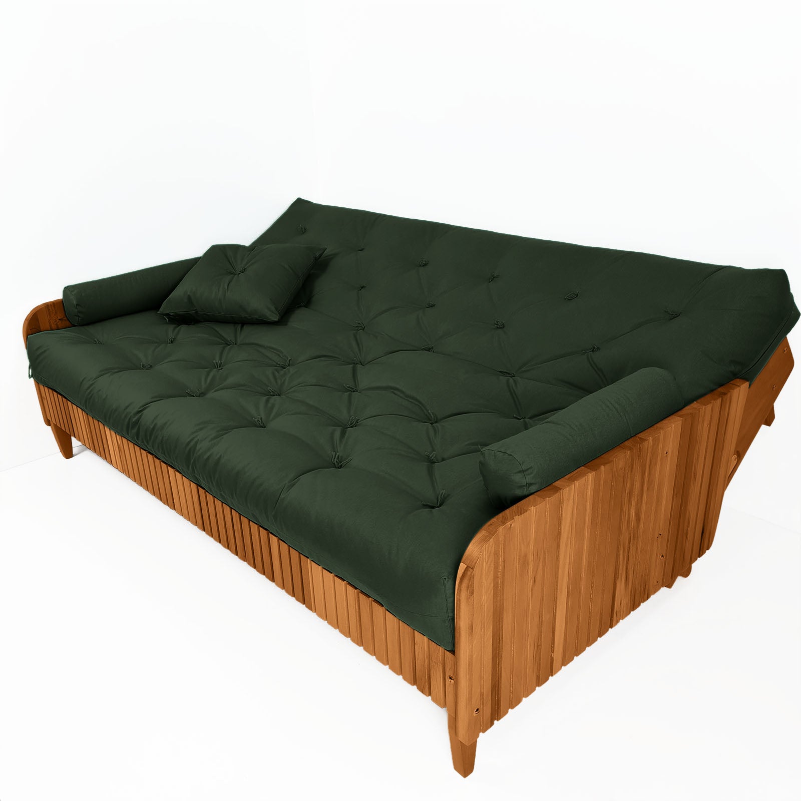 Sofá Cama Paris II Ripado Sarja em Madeira Maciça Natural - Verde Militar