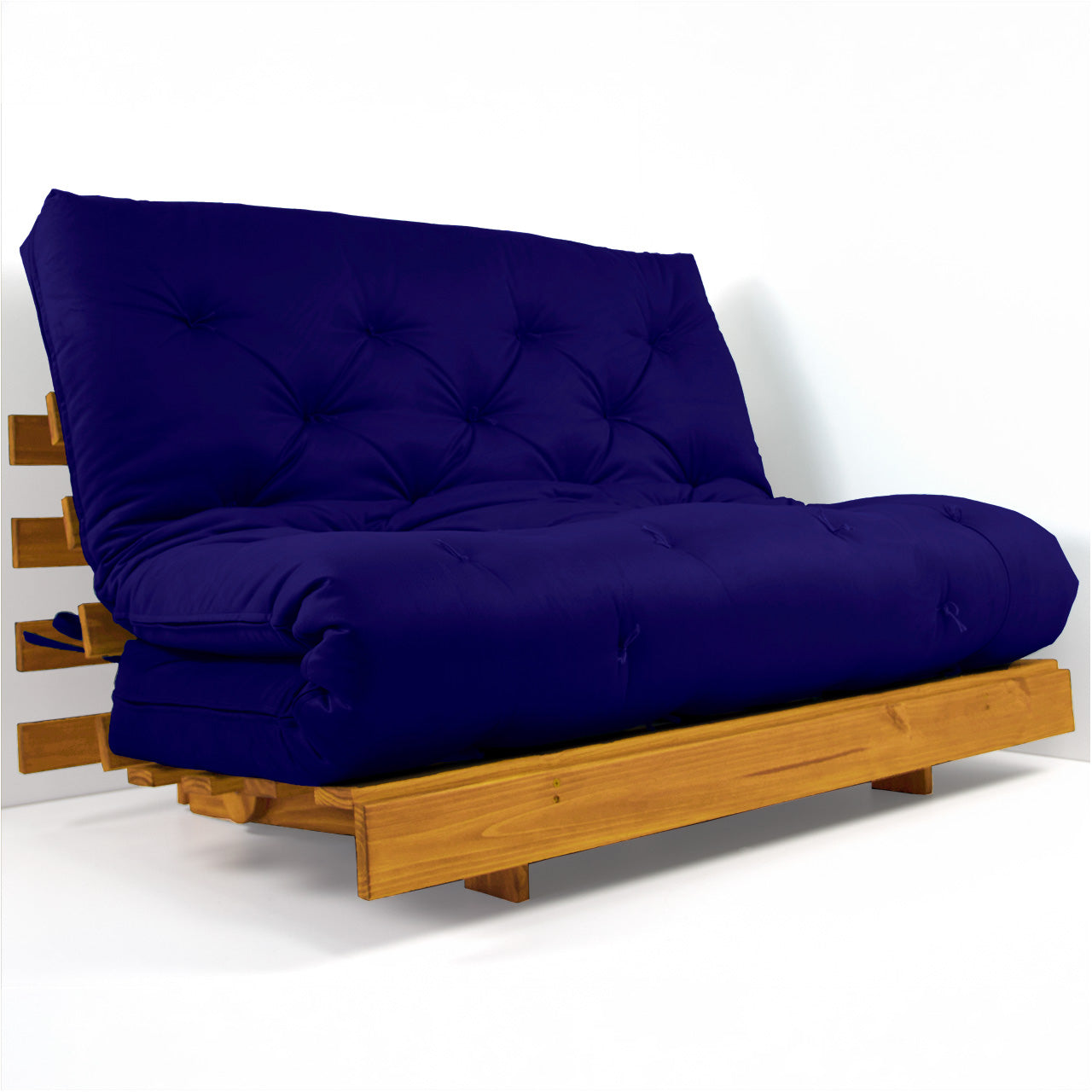 Sofá Cama Casal Futon Tokio Madeira Cor Mel Acquablock Azul Royal