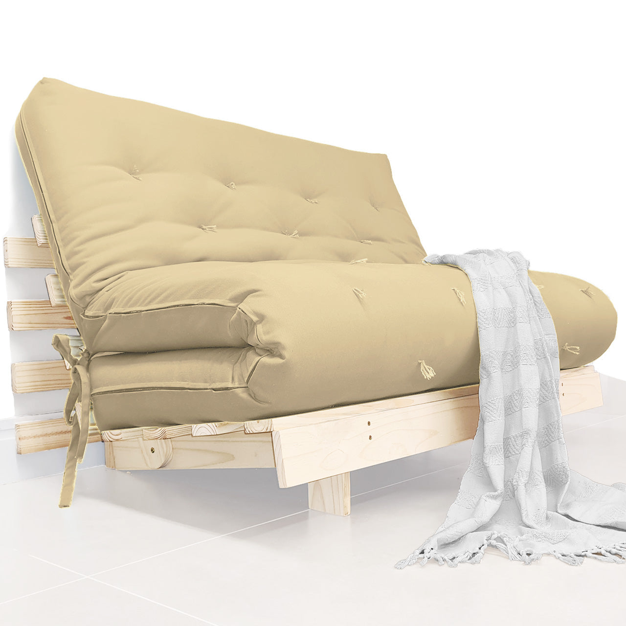 Sofa Cama Futon Casal Tokio Madeira Maciça Acquablock Bege