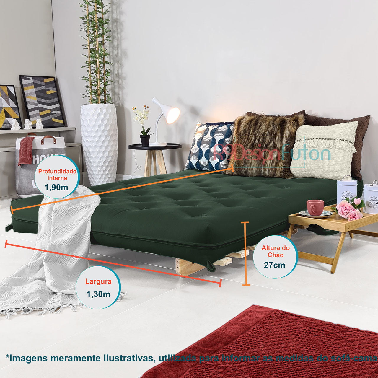 Sofa Cama Casal Futon Oriental D33 Com Madeira Maciça - Verde Militar
