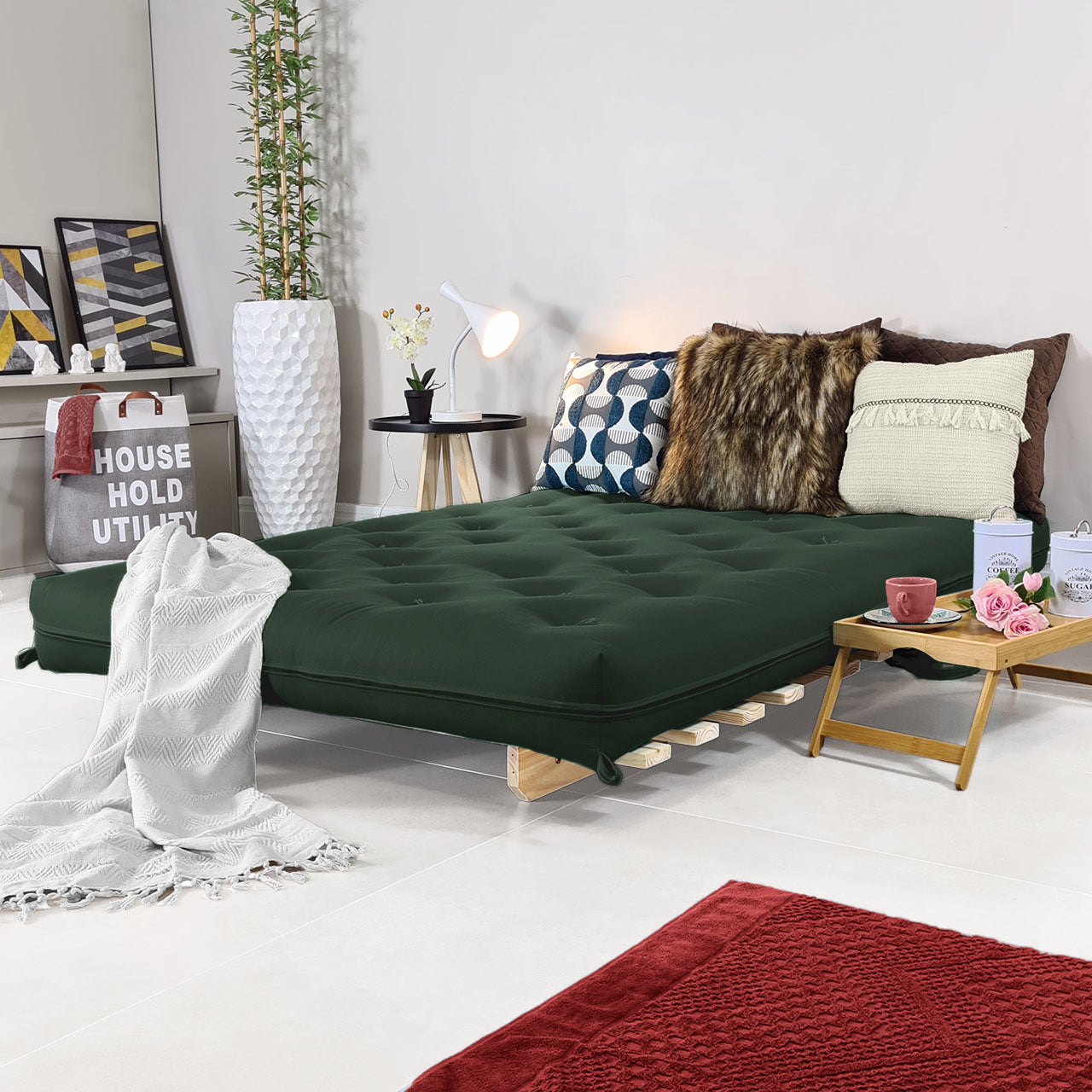 Sofa Cama Casal Futon Oriental D33 Com Madeira Maciça - Verde Militar