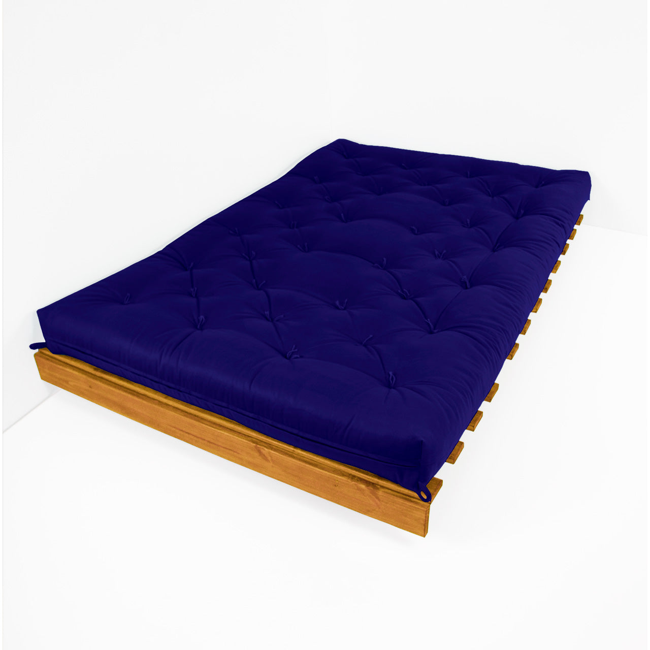 Sofá Cama Casal Futon Tokio Madeira Cor Mel Acquablock Azul Royal