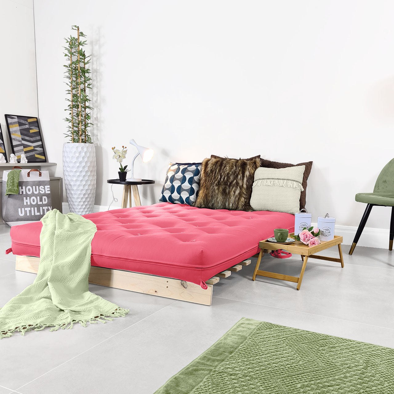 Sofa Cama Futon Casal Tokio Madeira Maciça Sarja Goiaba