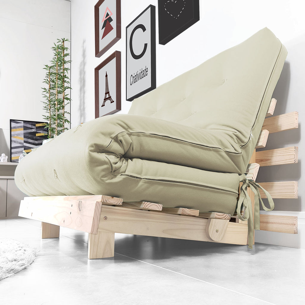 Sofá Cama Casal Futon Tokio D33 Madeira Pinus Natural - Bege Claro