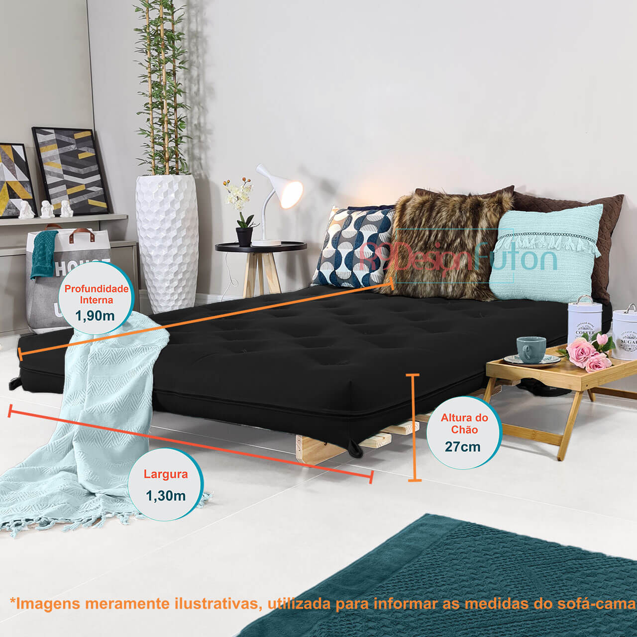 Sofa Cama Casal Futon Oriental Madeira Maciça Sarja Preto