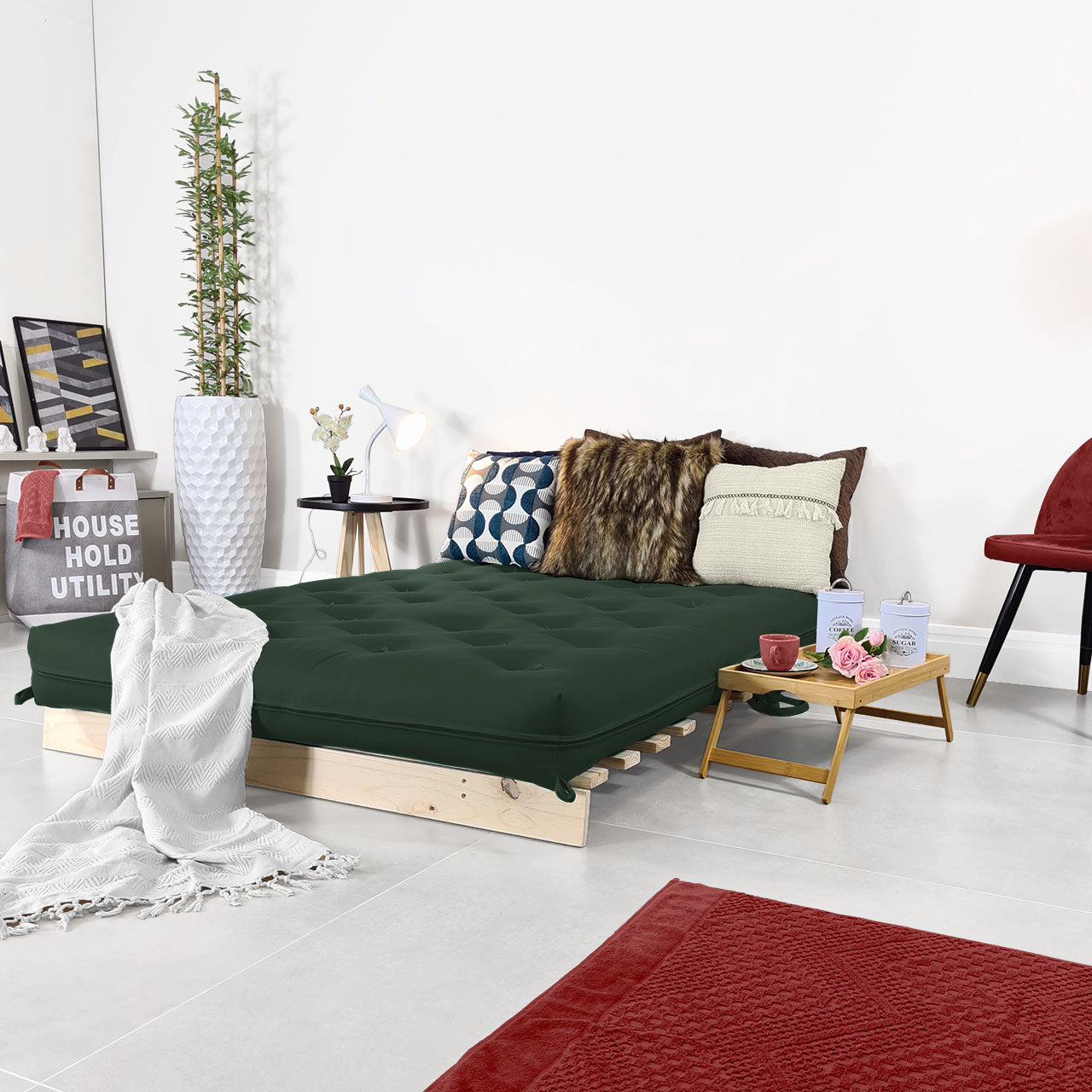Sofá Cama Casal Futon Tokio D33 Madeira Pinus Natural - Verde Militar