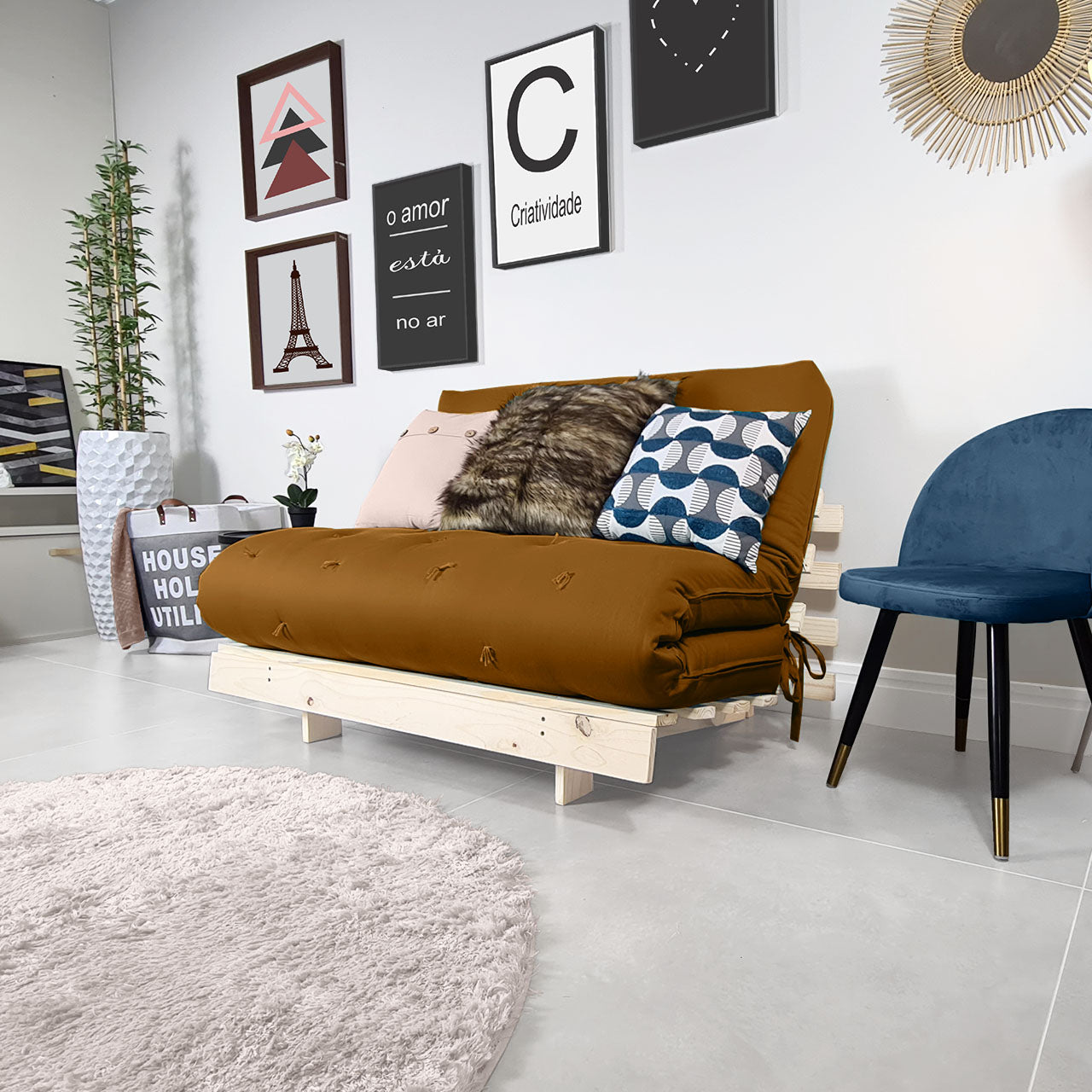 Sofá Cama Casal Futon Tokio D33 Madeira Pinus Natural - Caramelo