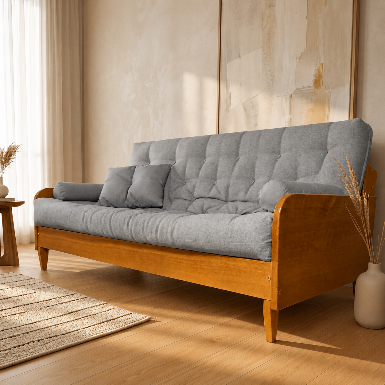 Sofá Cama Casal Futon Paris II Acquablock em Madeira Maciça Mel  - Cor Cinza Linho