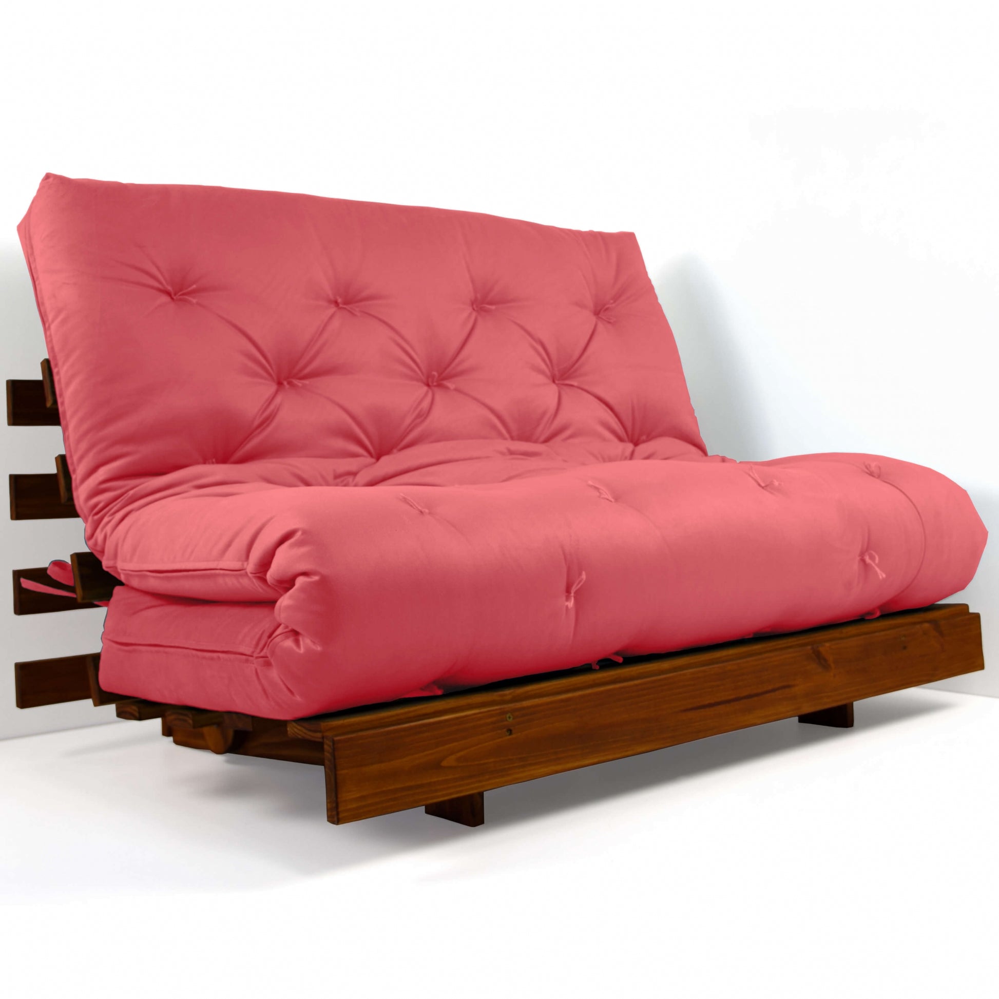 Sofá Cama Casal Futon Tokio Madeira Cor Imbuia Sarja Goiaba