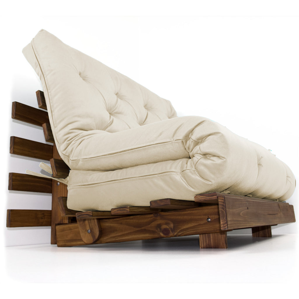 Sofá Cama Casal Futon Tokio D33 Madeira Maciça Cor Imbuia - Bege Claro