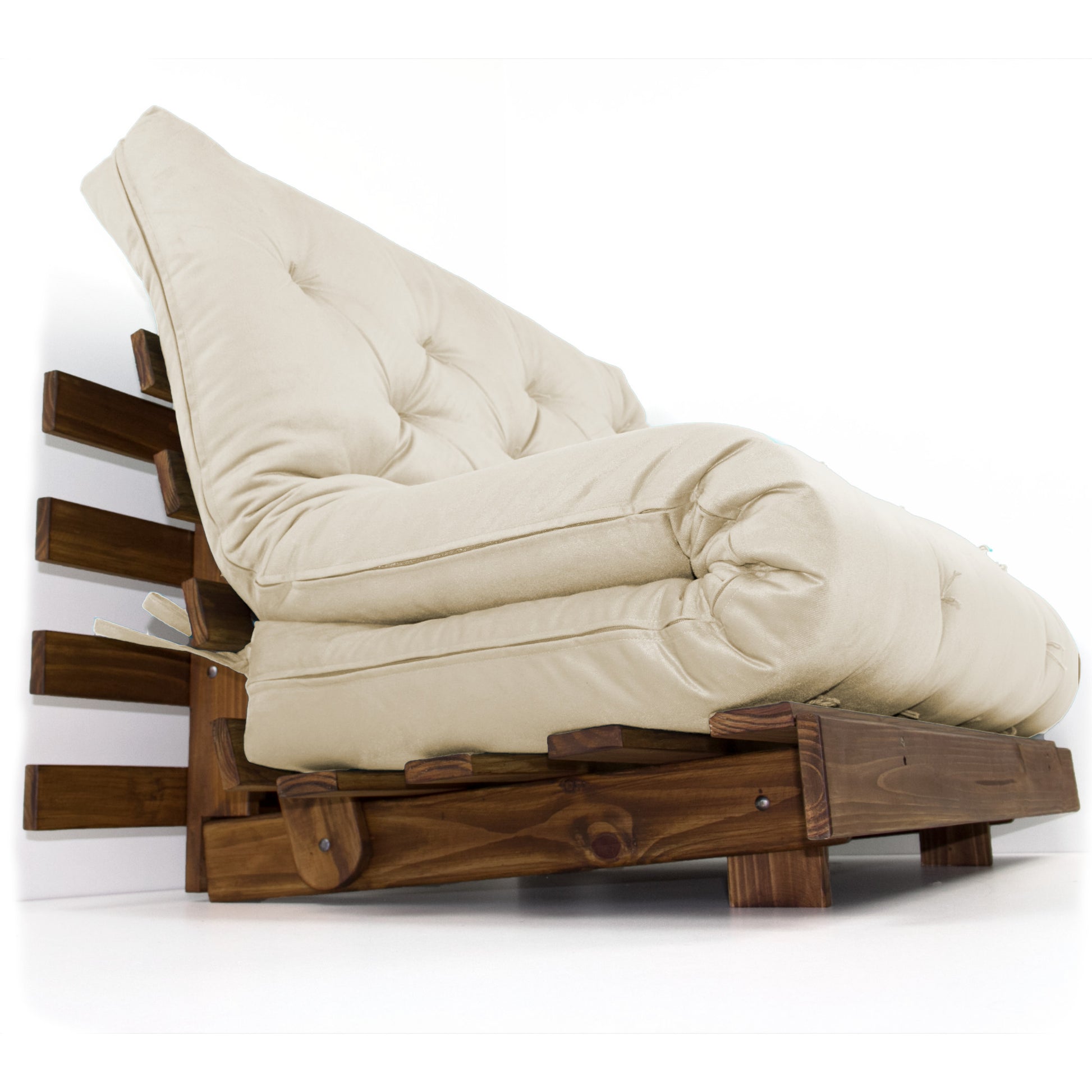 Sofá Cama Casal Futon Tokio D33 Madeira Maciça Cor Imbuia - Bege Claro