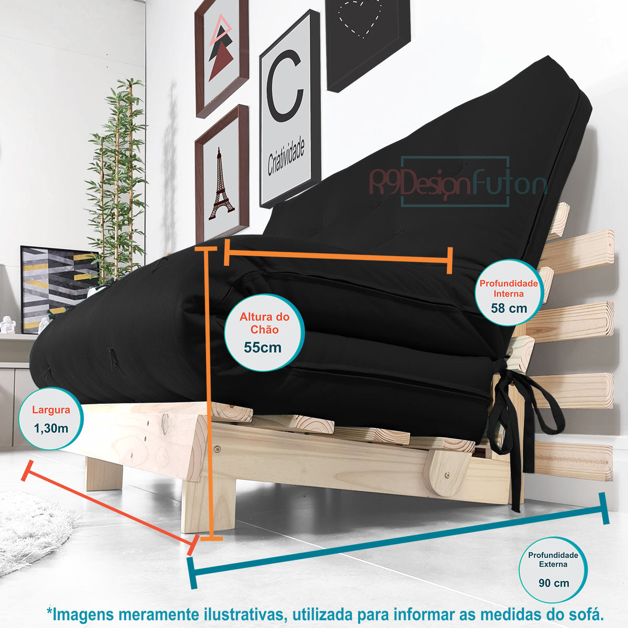 Sofá Cama Casal Futon Tokio D33 Madeira Pinus Natural - Preto