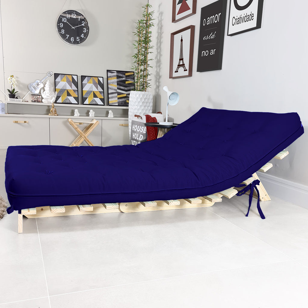 Sofa Cama Casal Futon Oriental Madeira Maciça Acquablock Azul Royal