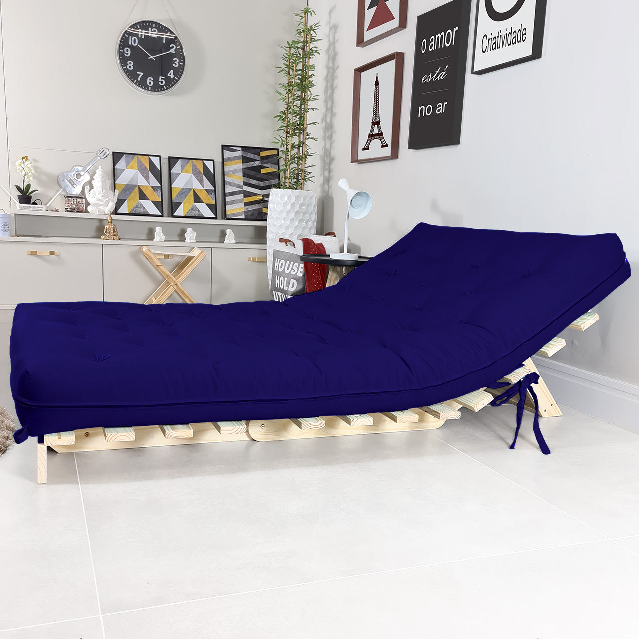 Sofa Cama Casal Futon Oriental Madeira Maciça Acquablock Azul Royal
