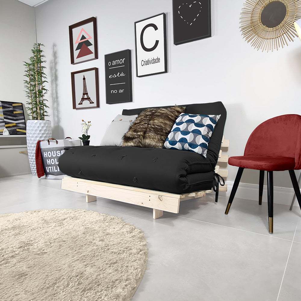 Sofa Cama Futon Casal Tokio Madeira Maciça Sarja Preto