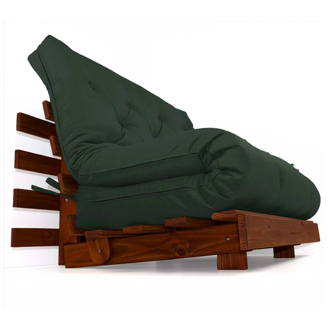 Sofá Cama Casal Futon Tokio Madeira Cor Imbuia Sarja Verde Militar