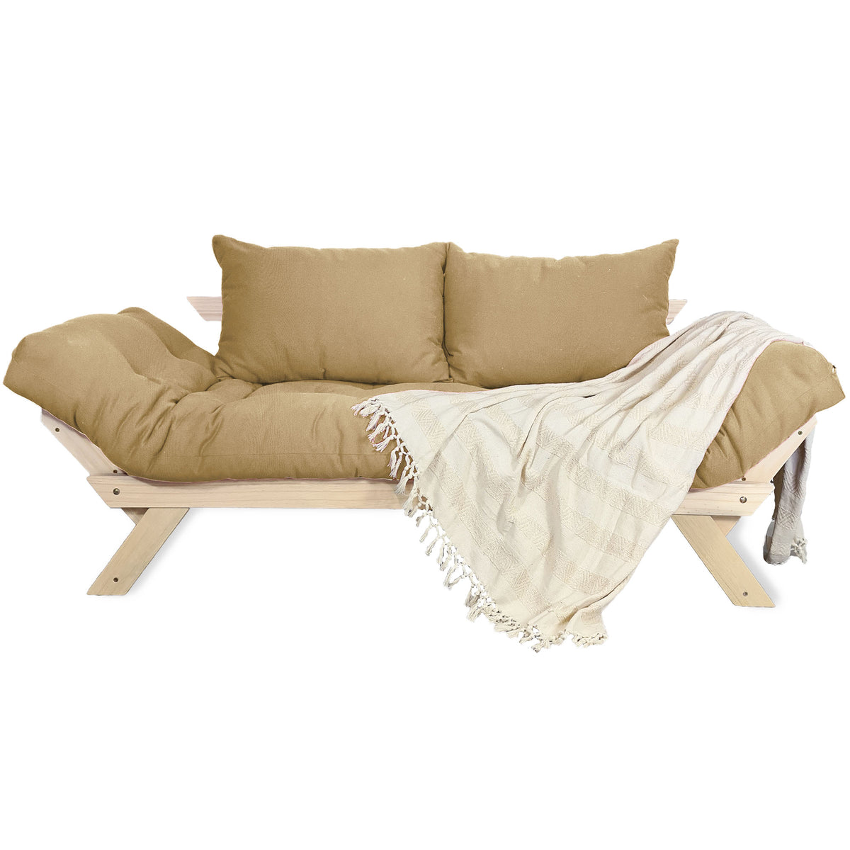 Sofá Cama Reclinável Futon Japão - Madeira Sem Pintura Tecido Acquablock Cor Fendi
